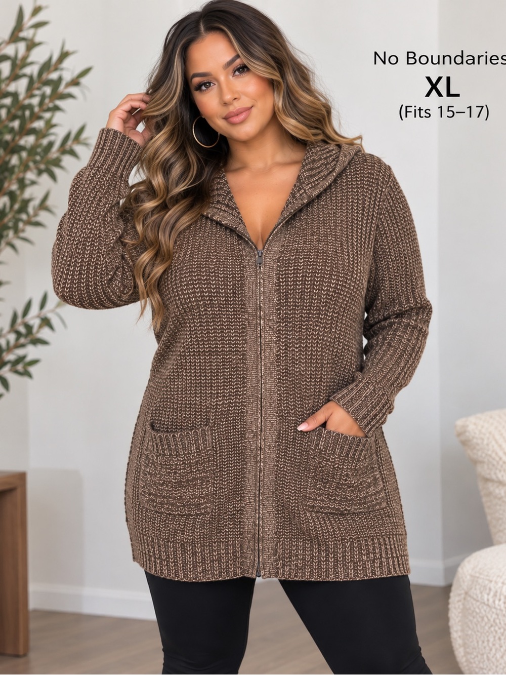 No Boundaries Brown Zip-Front Hooded Cardigan Sweater